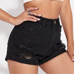 American Eagle Outfitters Curvy Black High-Waist Distressed Rolled-Hem Shorts